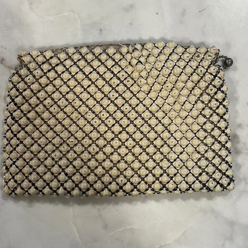 VTG 1950s Lattice Beaded Clutch‎ Purse Ivory Plastic Beads Japan Satin Lining